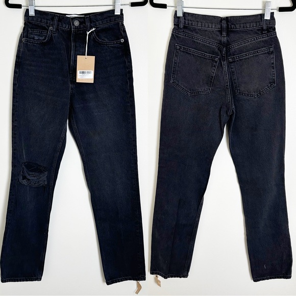 New Reformation Cynthia High Rise Straight Leg Jeans Lagoon Destroyed Black 23 - Picture 2 of 11